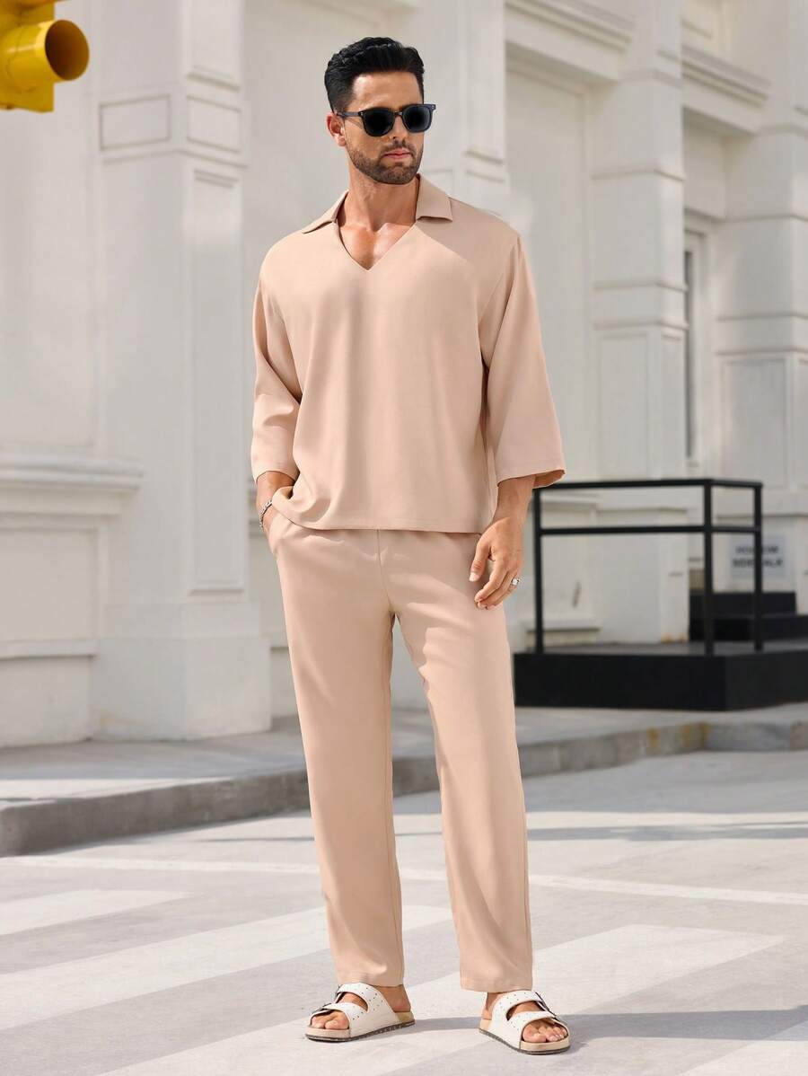 Manfinity VCAY 2pcs Men's Woven Slim Fit V-Neck 3/4 Sleeve Jacket Set, Suitable For Everyday Wear