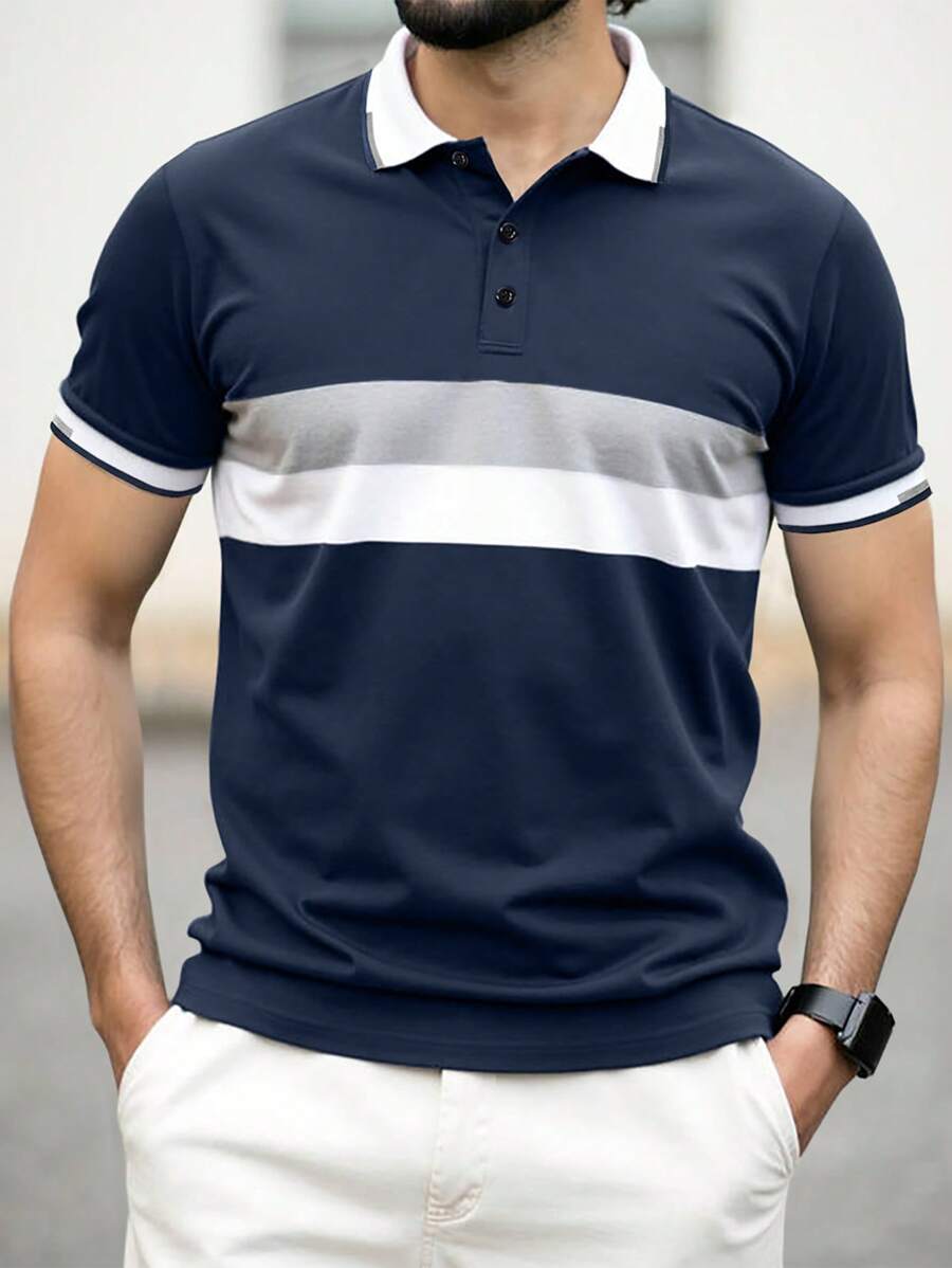 Manfinity Homme Camisa polo de hombre con botones delanteros en unicolor y parches, de estilo simple y casual
