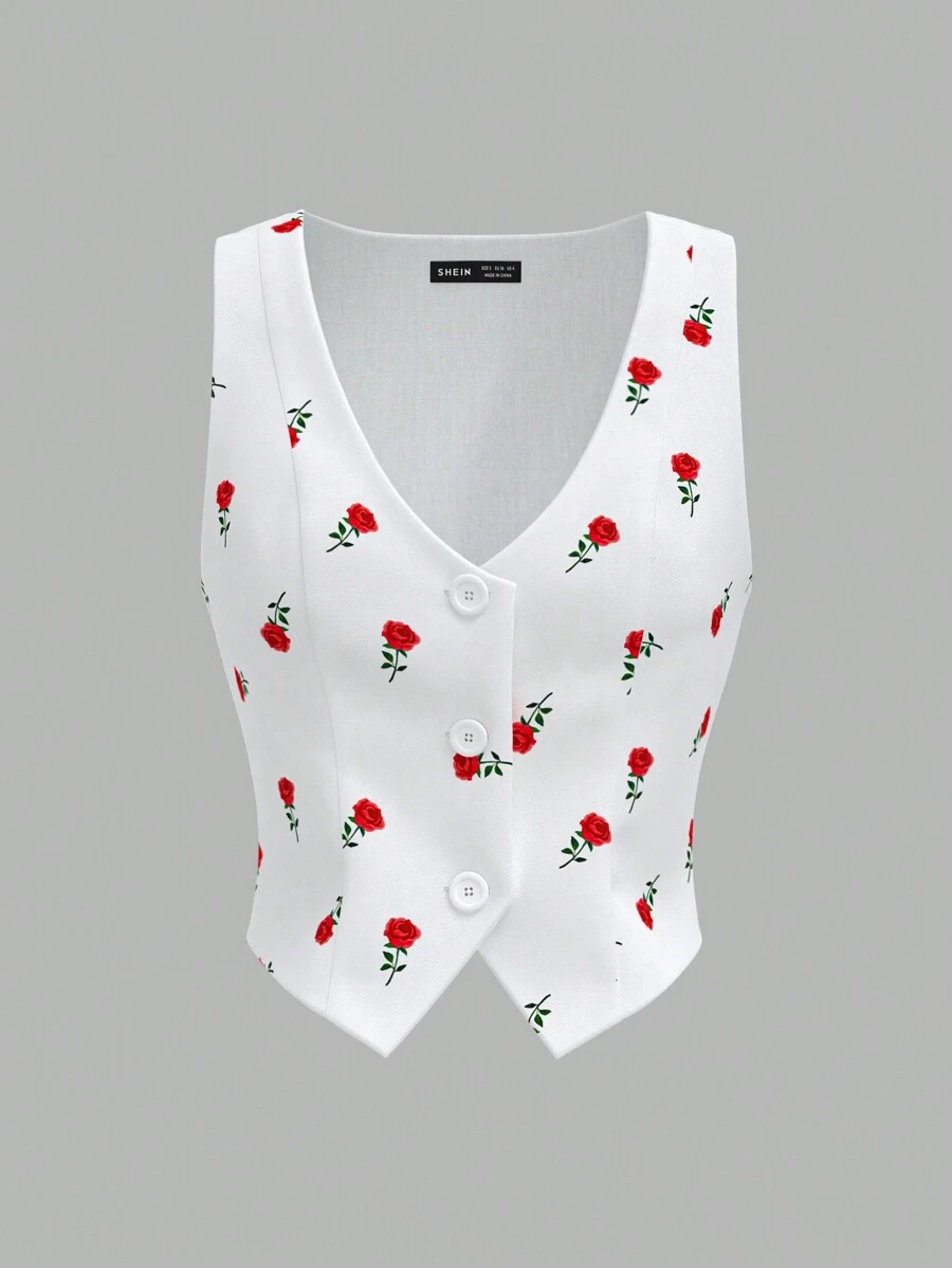 Sweetina Women's Resort Floral Print V-Neck Single-Breasted Casual Tank Top