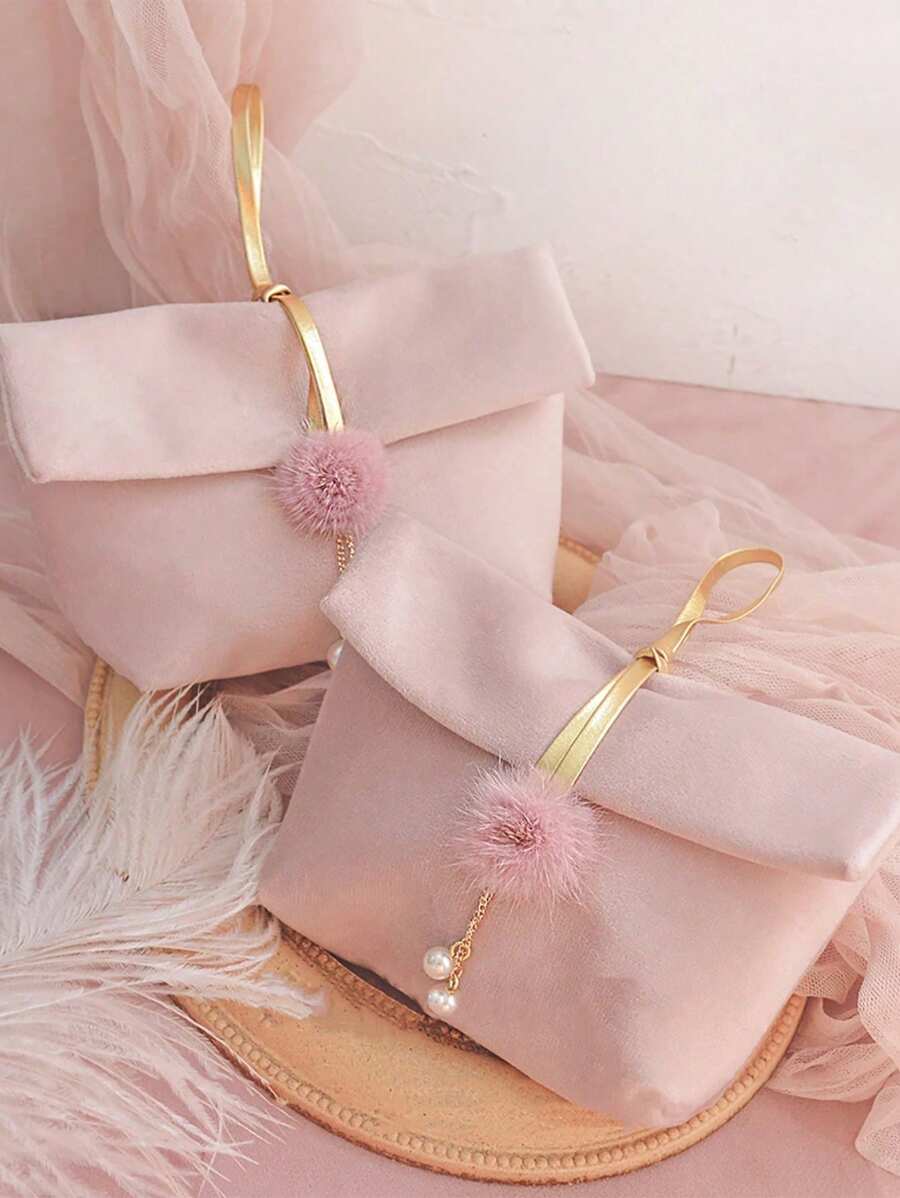 SHEIN 1PC 5CMx15.5CMx9.5CM Faux Pearl Pompom Decorative Gift Bag Pink Polyester For Jewelry Storage Cosmetic Travel Wedding Holiday Party