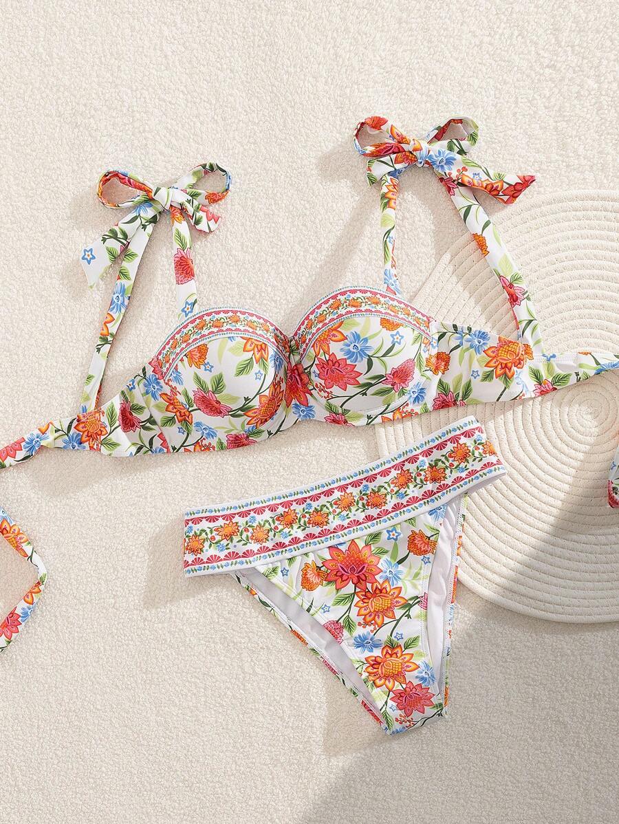 Summer Fixed Floral Random Print Push Up Padded Undetachable Underwire Two Piece Bikini