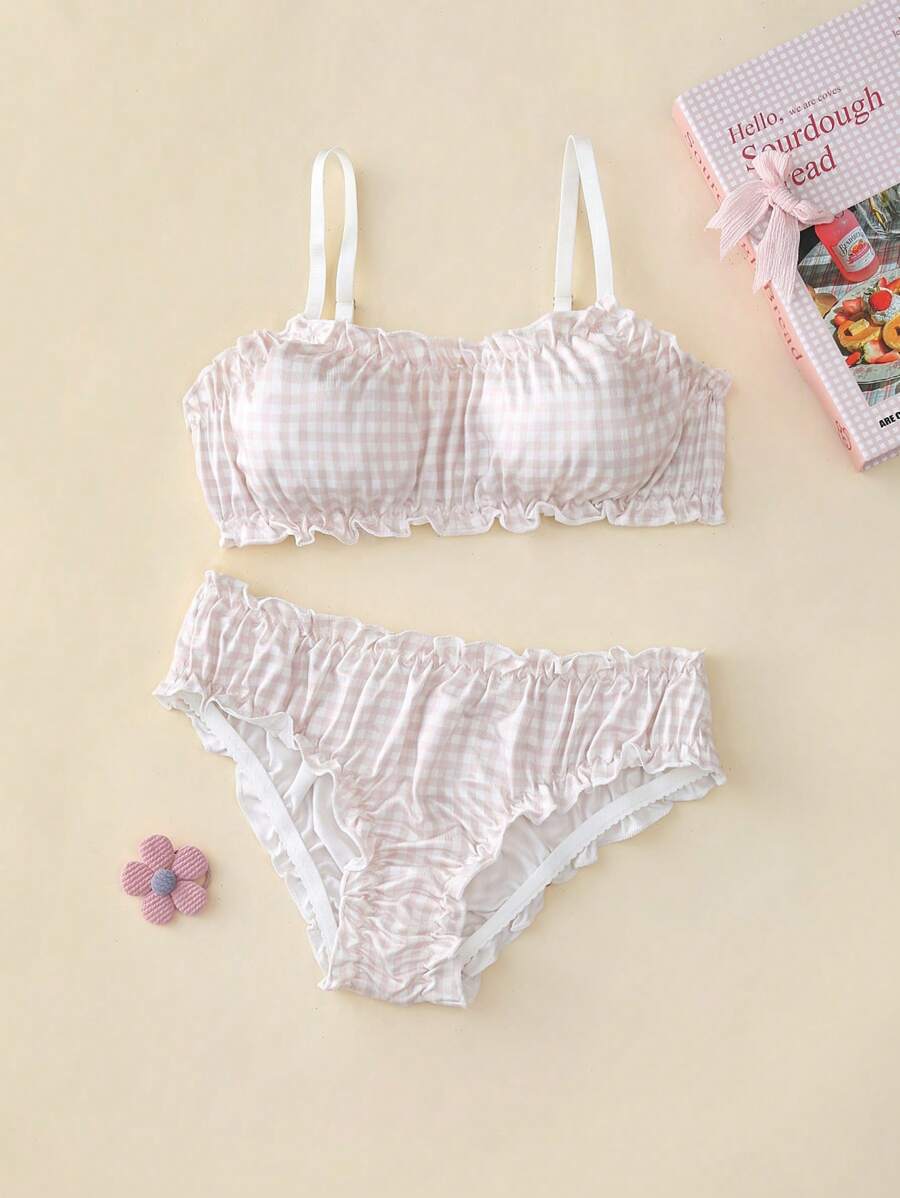 Lingerie de Seda de Leite Recorte Transpassado Xadrez para Meninas na Pré Adolescência