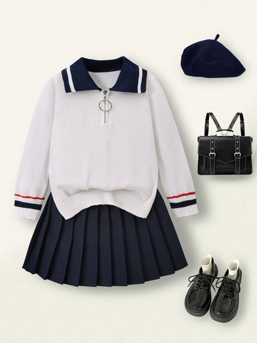 SHEIN 2 Stück/Set Collegestil Halb-Reißverschluss Pullover und Rock Set für Kleine Mädchen
