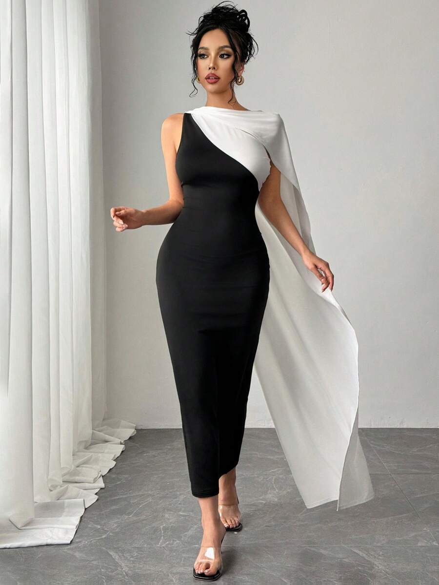 Firerie Women's Elegant Simple Exquisite Romantic Black & White Color Block Asymmetrical Neck Bodycon Dress, Suitable For Dates, Parties, Balls For Valentine's Day