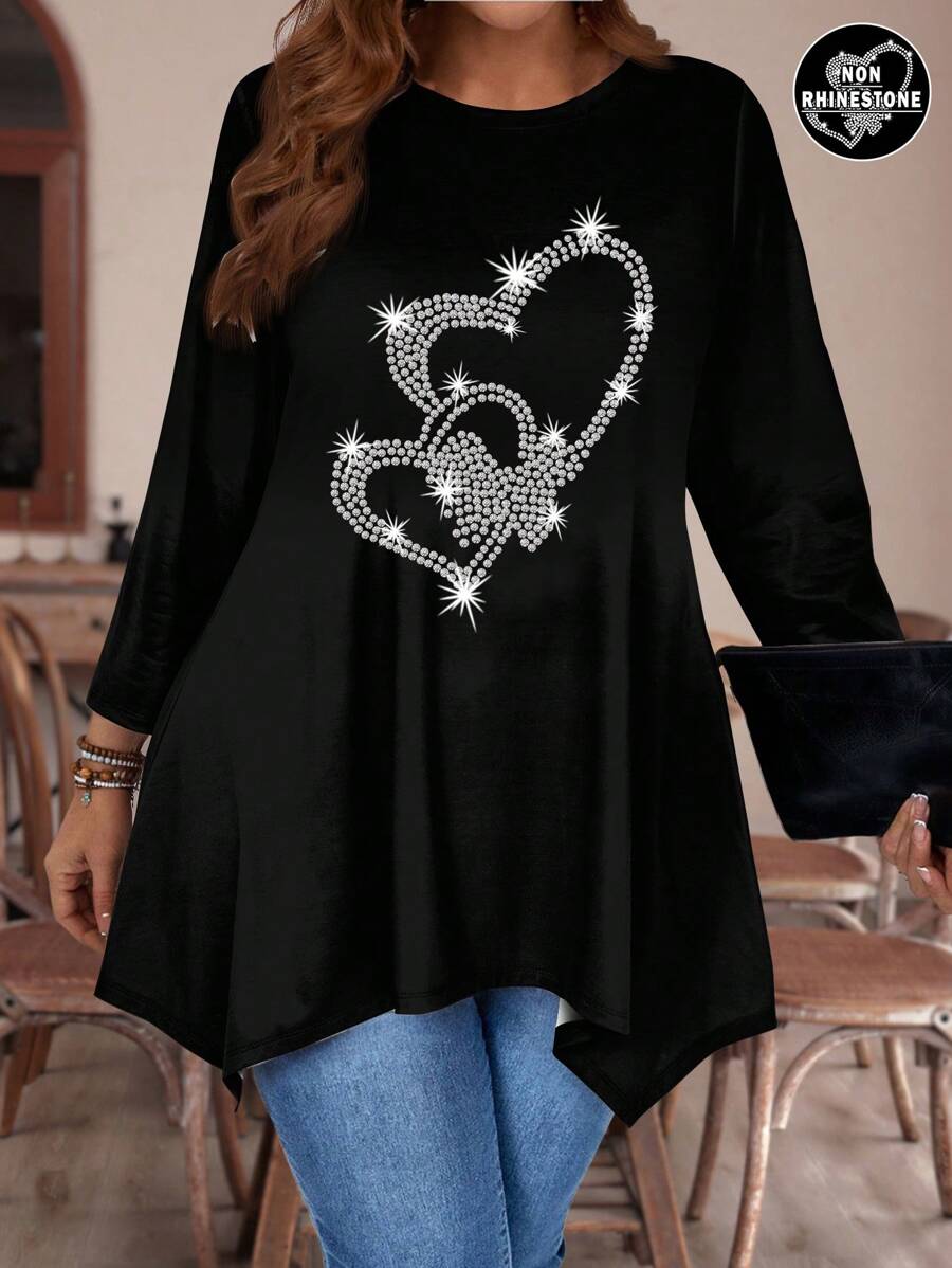 EMERY ROSE Casual Minimalist Allover Heart Print Loose Fit Long Sleeve T-Shirt, Plus Size