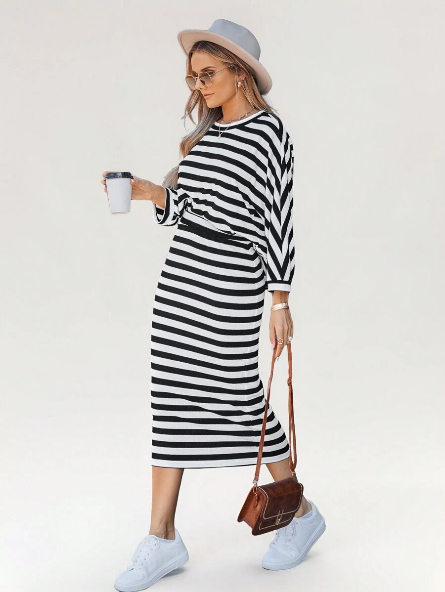 SHEIN LUNE Women's Batwing Sleeve Loose T-Shirt + Women's Striped Fitted Skirt,Office Wear,Winter Sets,Office Wear Women