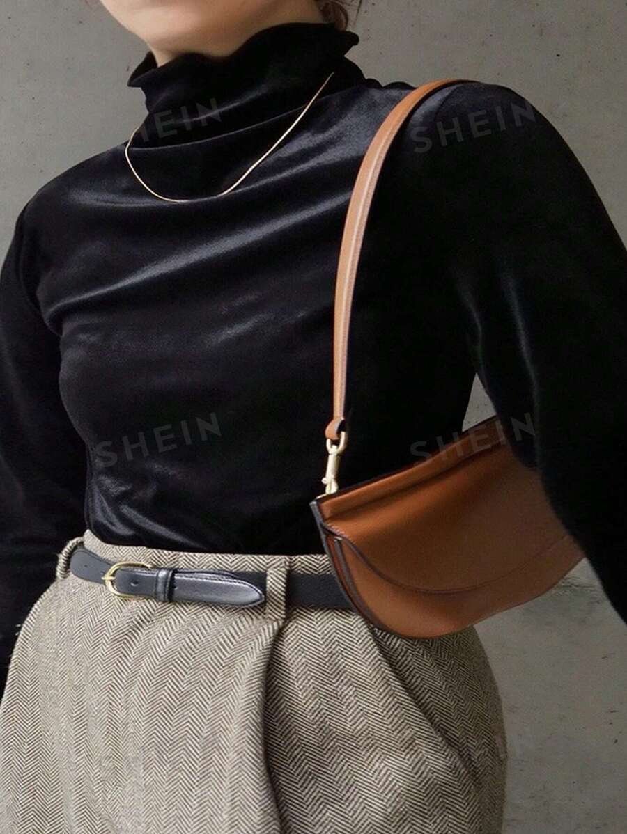Dazy Petite Plus Camiseta interior de manga larga, cuello alto y ajuste ceñido de terciopelo, color negro, para primavera/verano/otoño