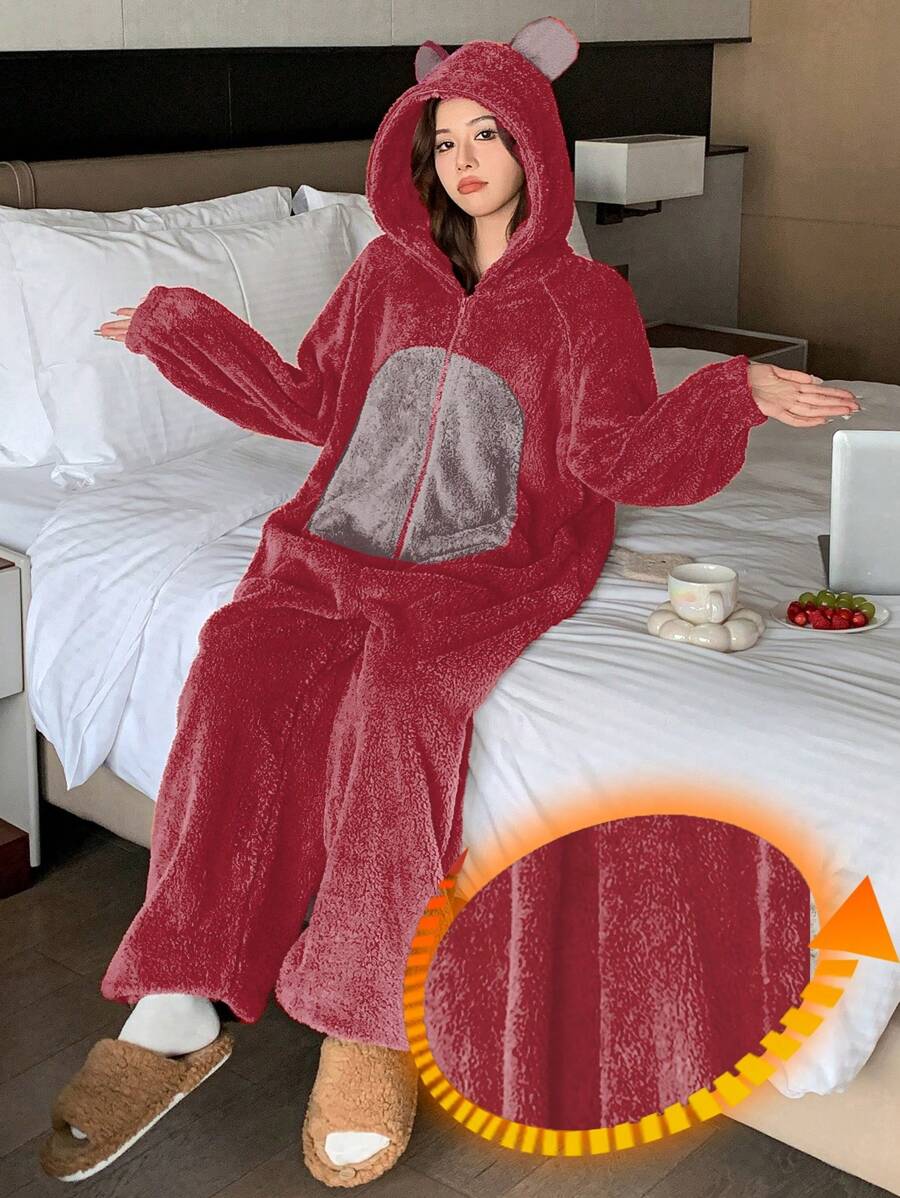 DAZY Pelele con capucha de franela con decoración de orejas lindas, ropa de dormir de invierno
