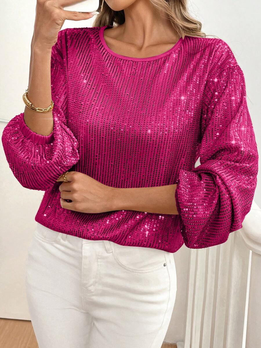 SHEIN Clasi Women's Party Elegant Sequin Lantern Sleeve Crew Neck Long Sleeve Blouse, Autumn & Winter For Holiday Party Clothes