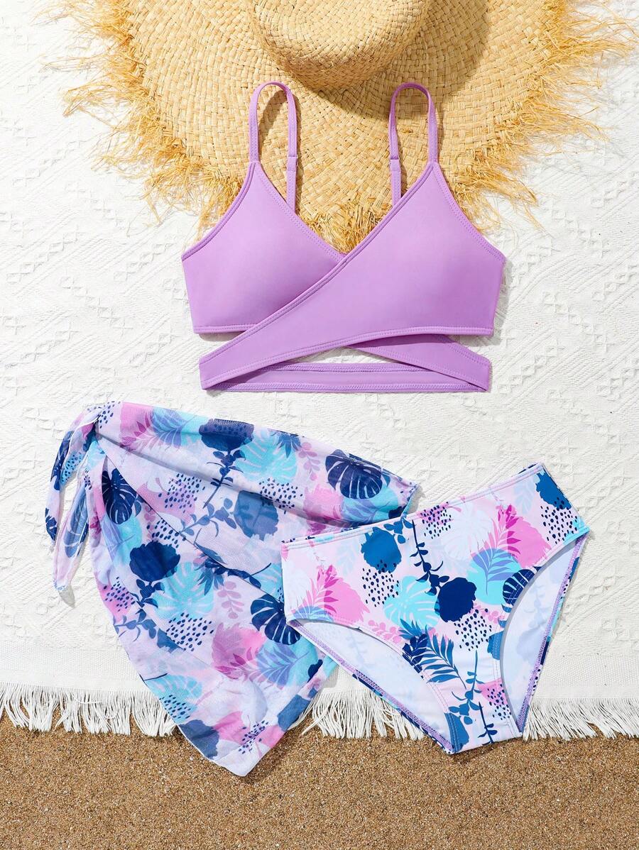 Shein Ensemble De Pi Ces Pour Pr Adolescentes Top Court Crois Unicolore Et Bikini Triangle