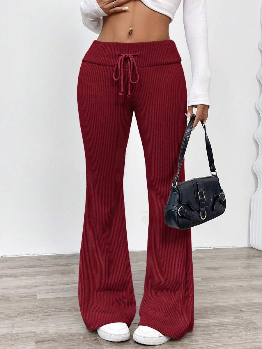 SHEIN EZwear Casual Solid Color Knitted Low Waist Flare Leg Fitted Pants For Women