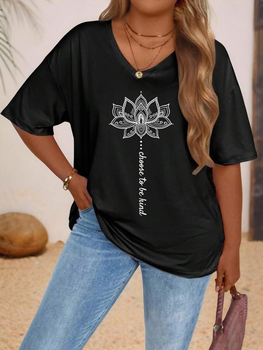 SHEIN LUNE Women's Floral Slogan Printed V-Neck Pattern T-Shirt Women's Top, Suitable For Spring And Summer, Women's Clothing