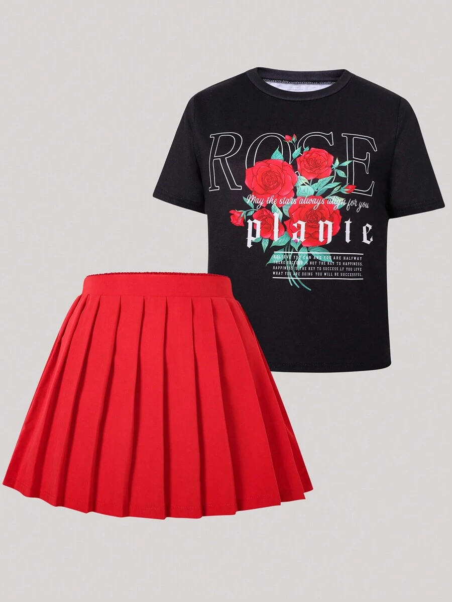 Wildeya Conjunto de 2 piezas para niña preadolescente: Camiseta de manga corta negra con estampado de rosa y letra, combinada con falda mini plisada roja. Elegante y encantador, apto para la escuela, salidas y festivales musicales, para todo el año.