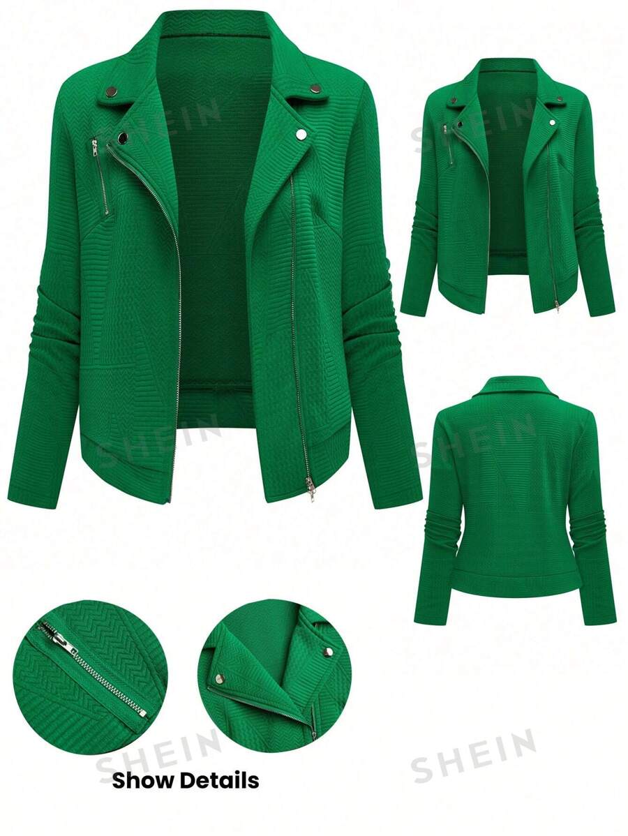 SHEIN LUNE Chaqueta casual de motociclista con cremallera y textura de tela en el cuello para mujer