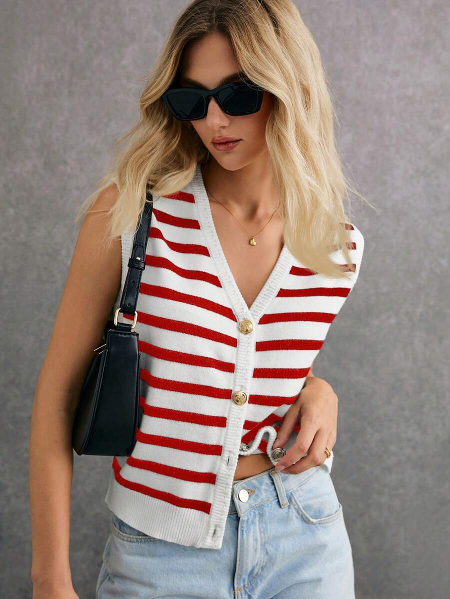 Poéselle Women Casual Striped Pattern Sleeveless Cardigan Sweater Winter Women Outfits Women Cardigan Stripe Effortless Chic Essential