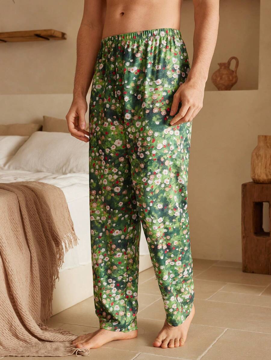 Manfinity ChillVibe Pantalones de estar por casa casuales con cintura elástica y estampado de toda la prenda para hombres