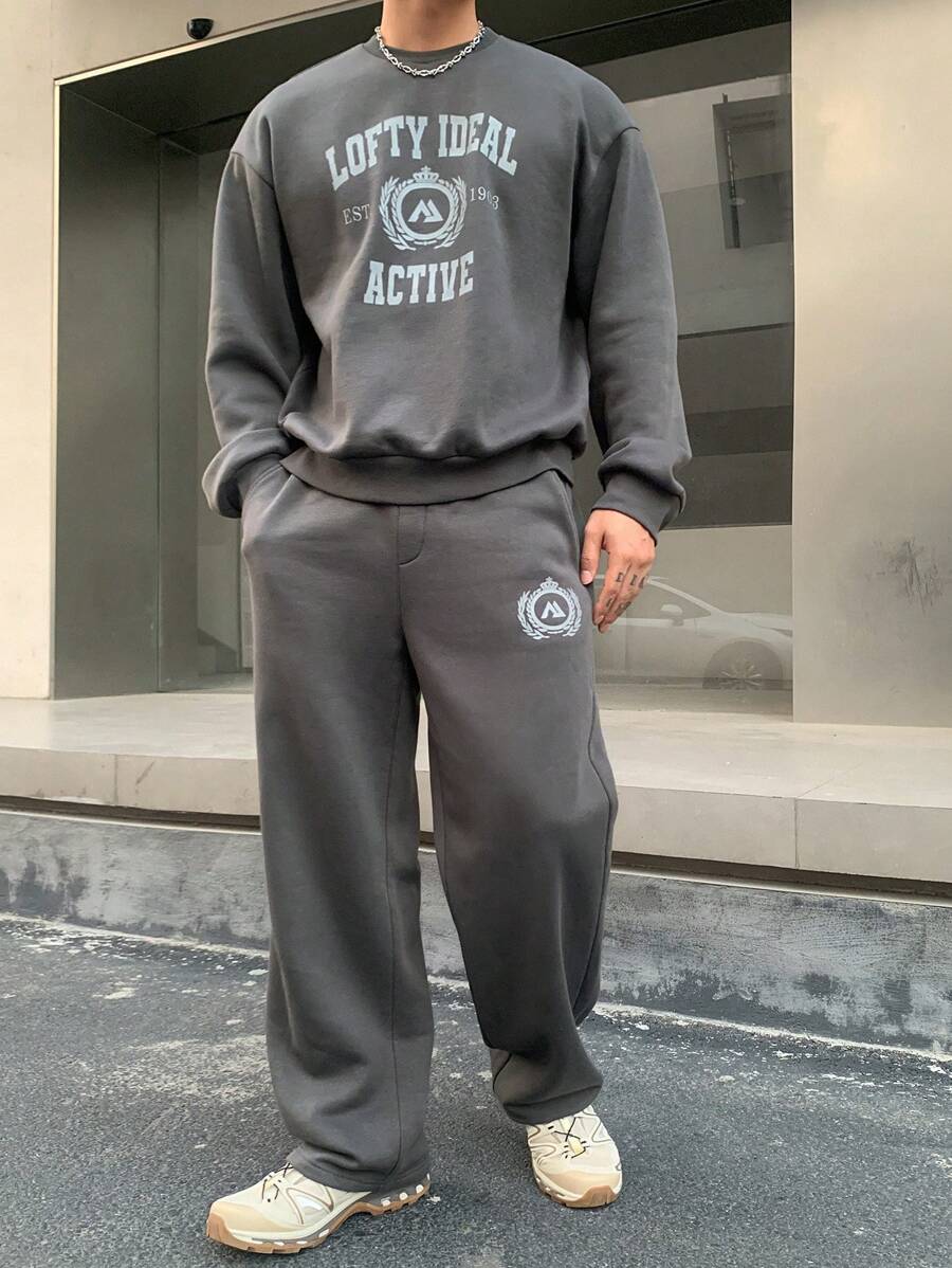 DAZY 2pcs Men's Letter Print Sweatshirt And Straight Leg Sweatpants Set,Fall Clothes