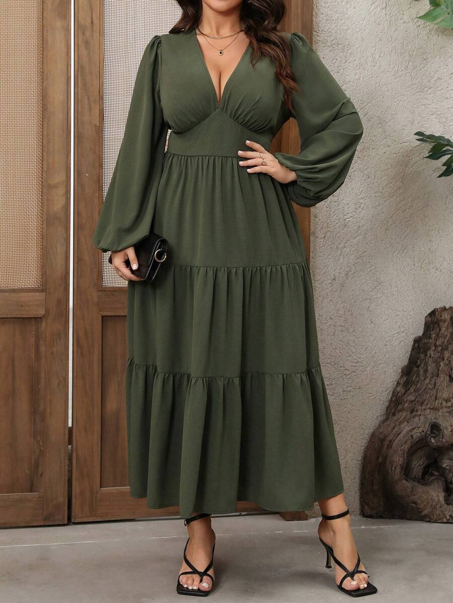 SHEIN LUNE Plus Size Women's V-Neck Lantern Sleeve Layered Hem Long Dress, Casual Commuting Vacation Wear, Spring/Autumn/Winter