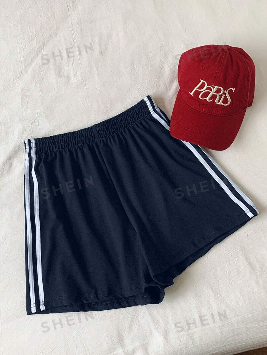 Comfortcana Pantalones cortos deportivos de verano casuales y vintage con rayas azules en los laterales para mujer