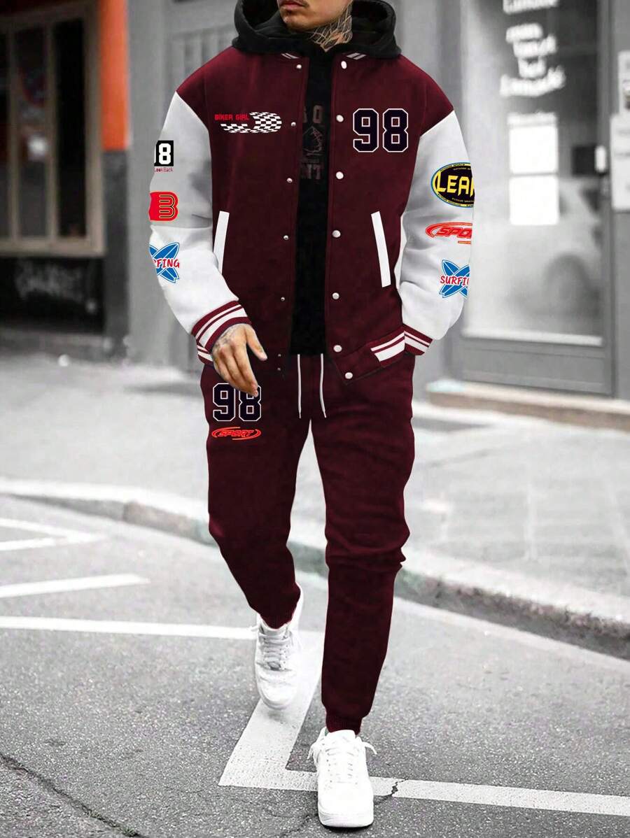 Manfinity Sport PWRUP Men's Letter Print Contrast Color Long Sleeve Baseball Jacket And Pants Tracksuit Set