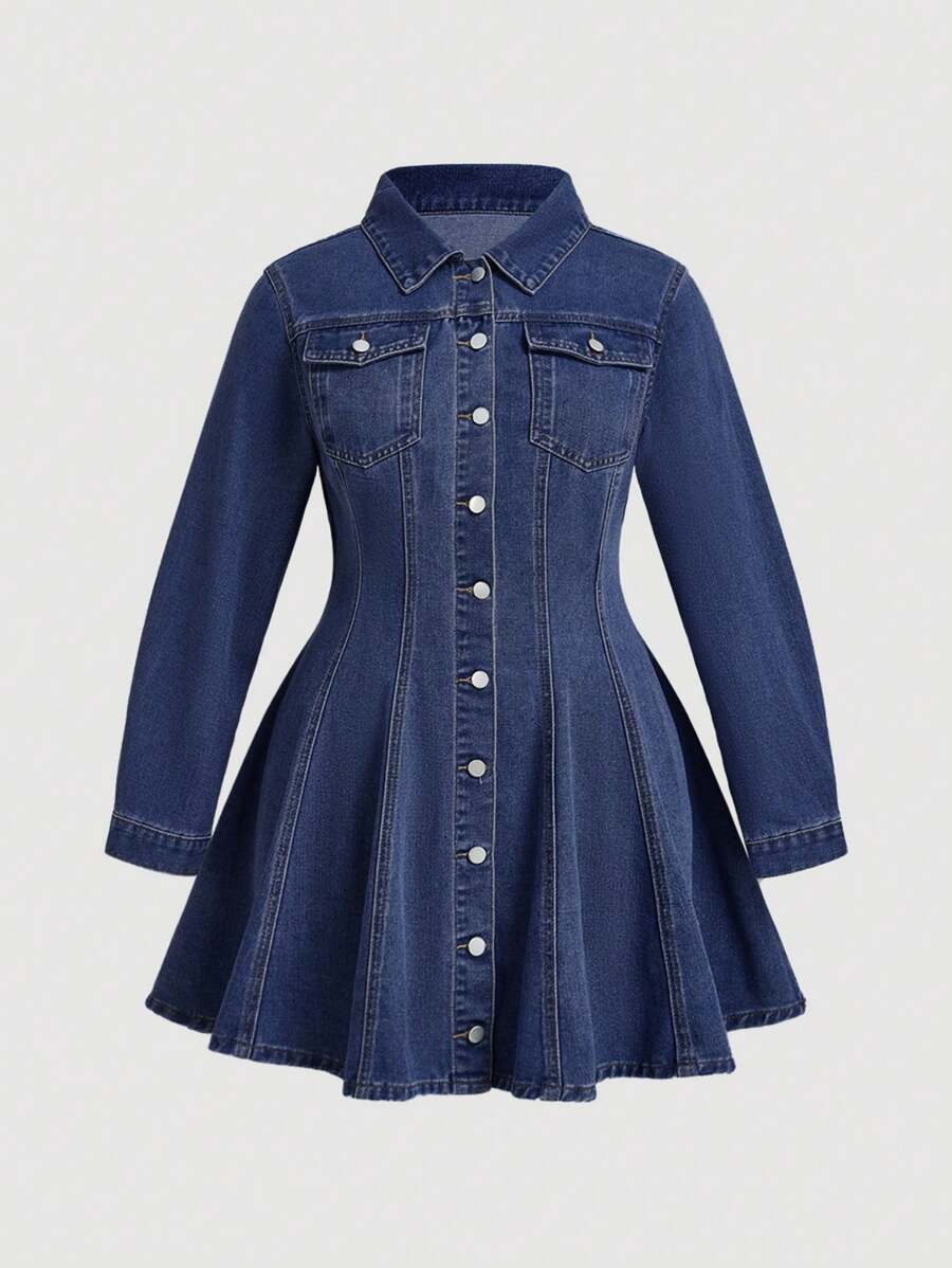 Jeanoix Plus Size Autumn Casual Front-Button Waisted Denim Dress
