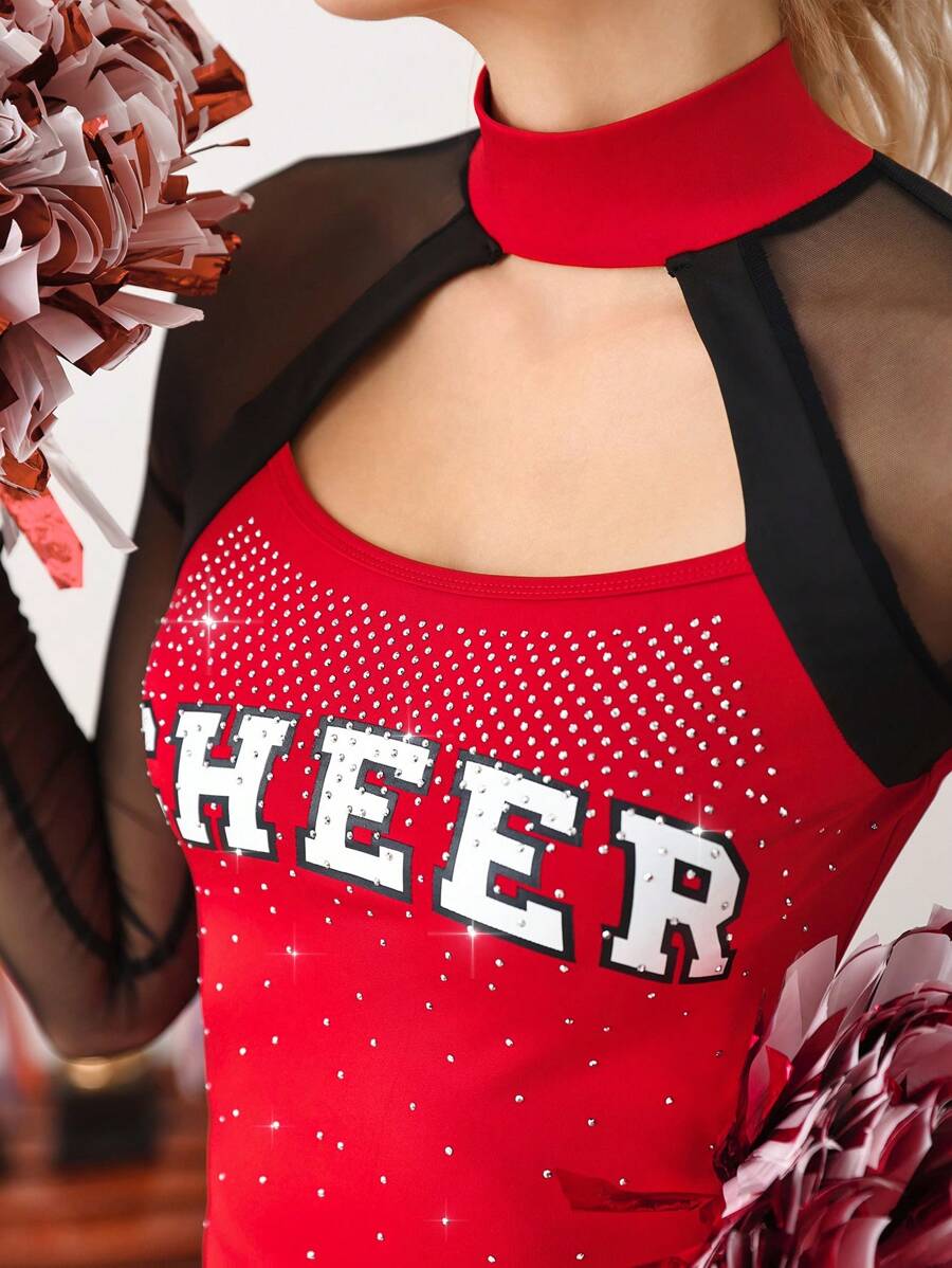 Cheerettes Completo sportivo da donna con maniche lunghe, decorato con lettera, strass e in rete, modello semi-trasparente