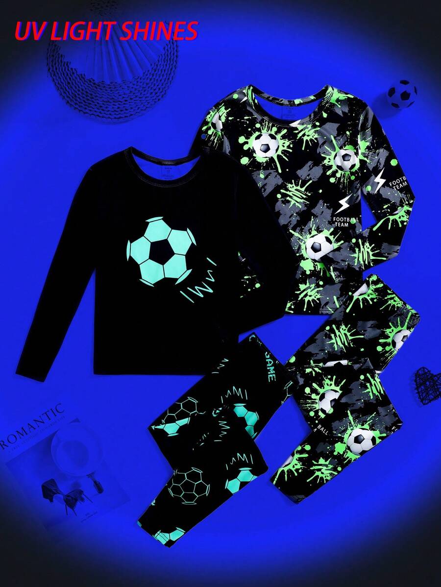 SHEIN Conjunto de pijama de 4 piezas para niño preadolescente con top de manga larga raglán con gráfico de fútbol fluorescente de cuello redondo y pantalones ajustados y cómodos