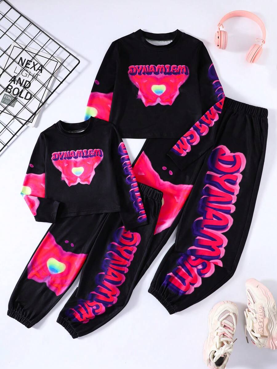 SHEIN Tween Girls Casual Round Neck Long Sleeve Printed Top And Pants Set