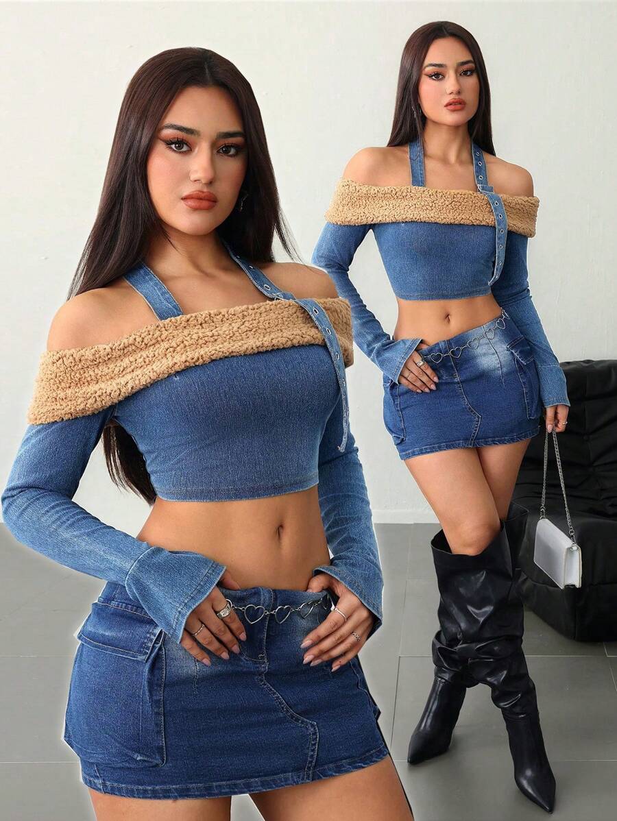 SHEIN ICON Women's Blue Denim Top One Shoulder Top Y2k Clothes Crop Tops