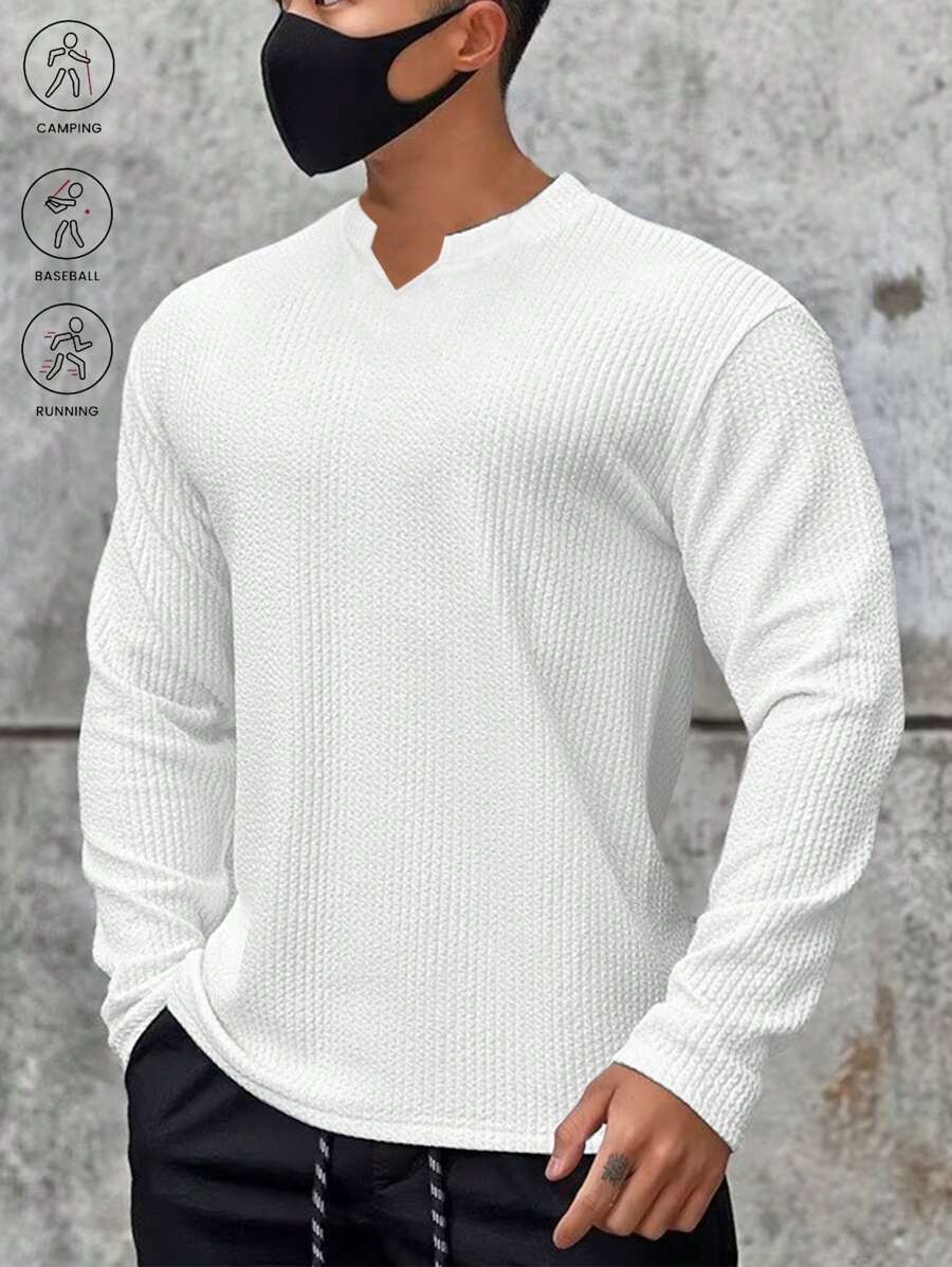 Manfinity Sport Corelite Camiseta deportiva de manga larga de unicolor casual con cuello escotado para hombres, otoño