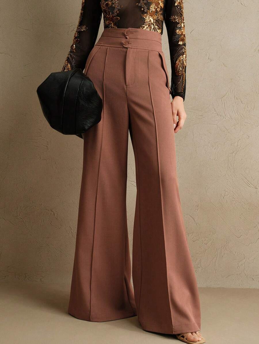 Anewsta Elegant High-Waisted Flared Women's Dress Pants With Double-Breasted, Suitable For New Year's Outfit