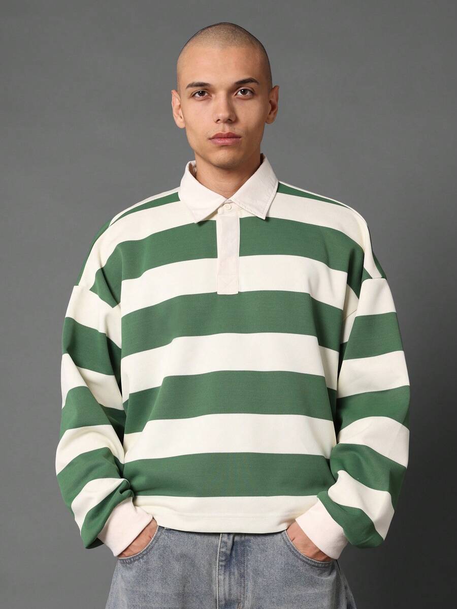 SUMWON Gestreept poloshirt in rugbystijl, casual, college, preppy, lange mouwen, sport, varsity, klassiek, streeppatroon, comfortabel, atletisch, herfst/winterkleding