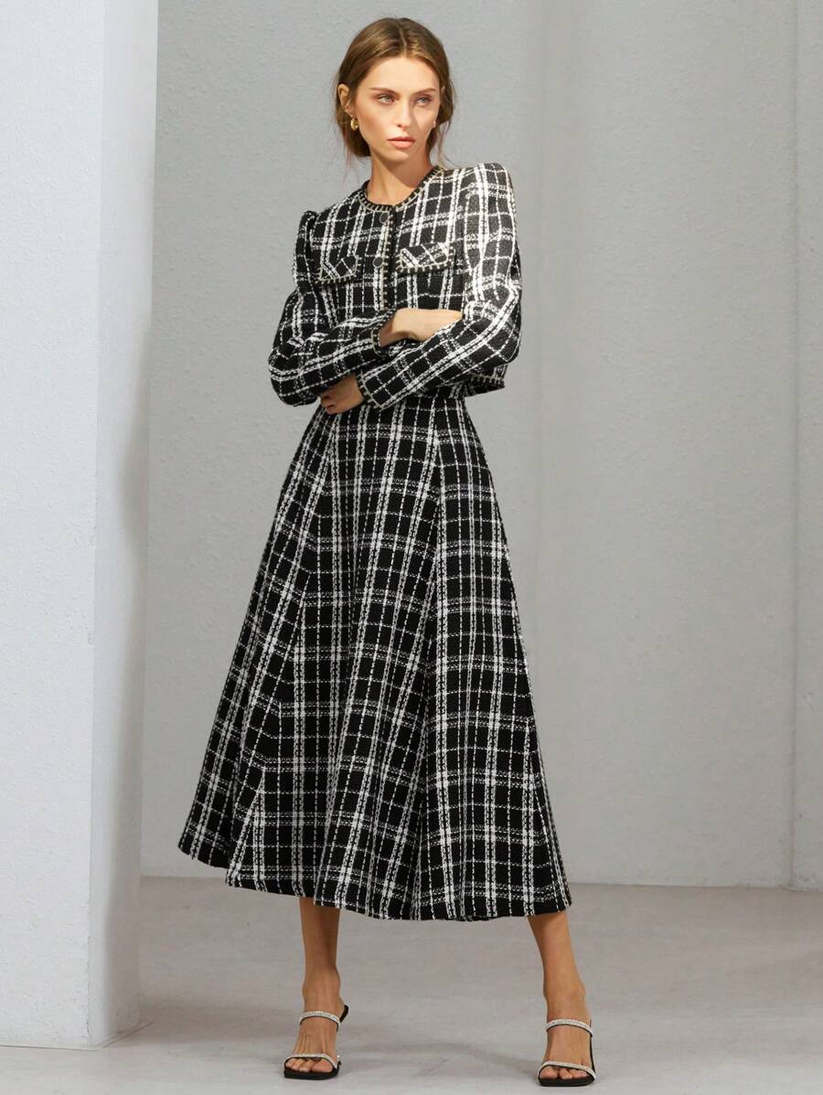 Aveloria Modichic Women's Front Button Long Sleeve Pocket Plaid Casual Blouse And Skirt 2 Pieces Set