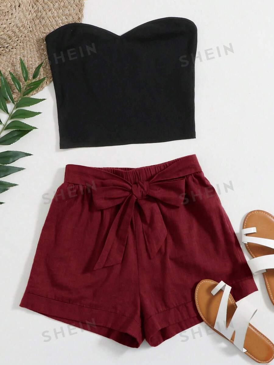 SHEIN VCAY Conjunto de 2 piezas de top tubo y shorts estilo bohemio casual de vacaciones para mujer de talla grande, para el verano