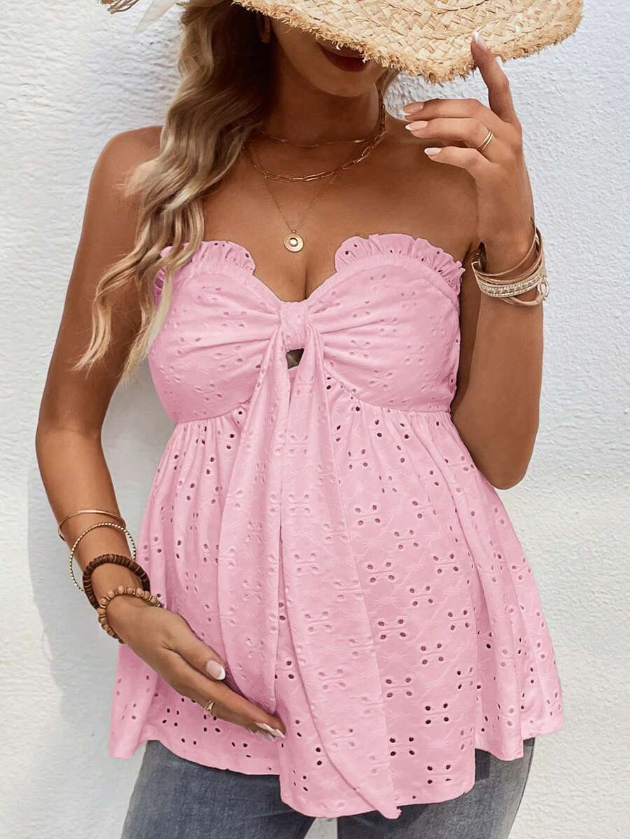 SHEIN Camiseta de tirantes de maternidad con volantes, bordado y lazo frontal en color liso