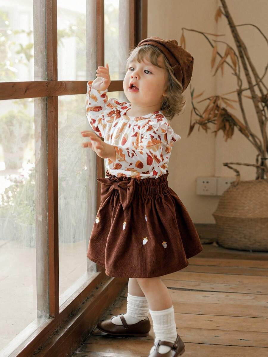 Vintaside Kids Baby Girl Plants Print Ruffle Trim Long Sleeves Top & Bow Front Skirt . Suitable For Outdoor Activities Such As Park Play, Outing, Etc