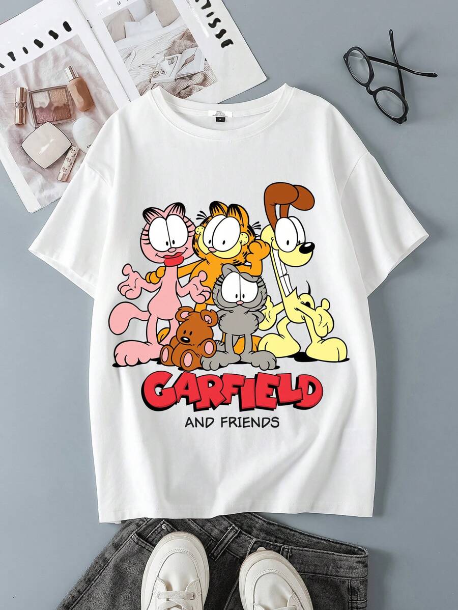 GARFIELD X SHEIN Women's Casual Loose Round Neck Cat Print Short Sleeve T-Shirt Suitable For Summer