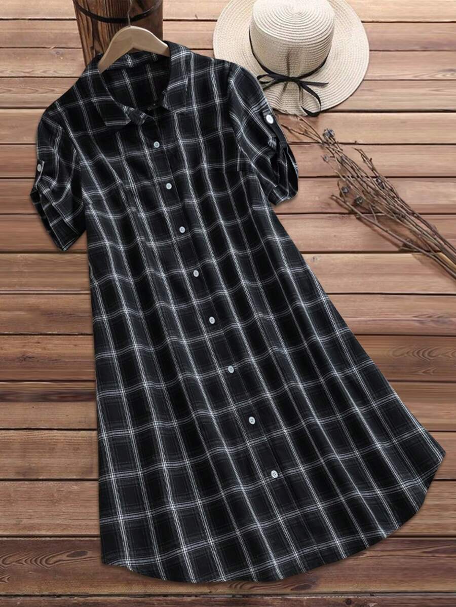 EMERY ROSE Vestido camisa de vacaciones de talla grande con estampado a cuadros, adecuado para el verano