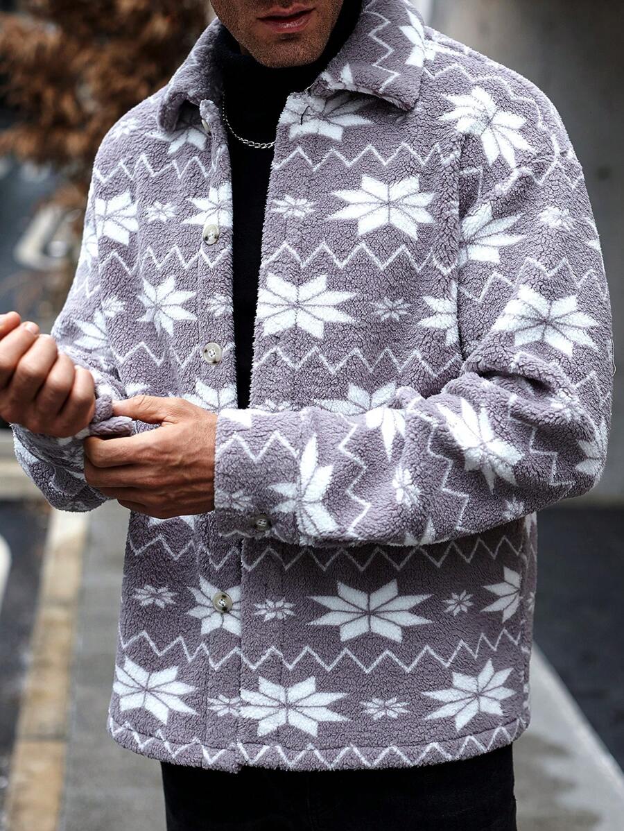 Manfinity Homme Men's Autumn And Winter Reversible Plush Warm INS Western Cowboy-Style Gray Shirt Jacket With Geometric Pattern Print, Featuring A Turn-Down Collar And Button Closure. Stylish And Cozy, Perfect For Layering In Colder Weather! Winter Men Jacket ,Thermal Shirts ,Fall And Winter Men Clothes
