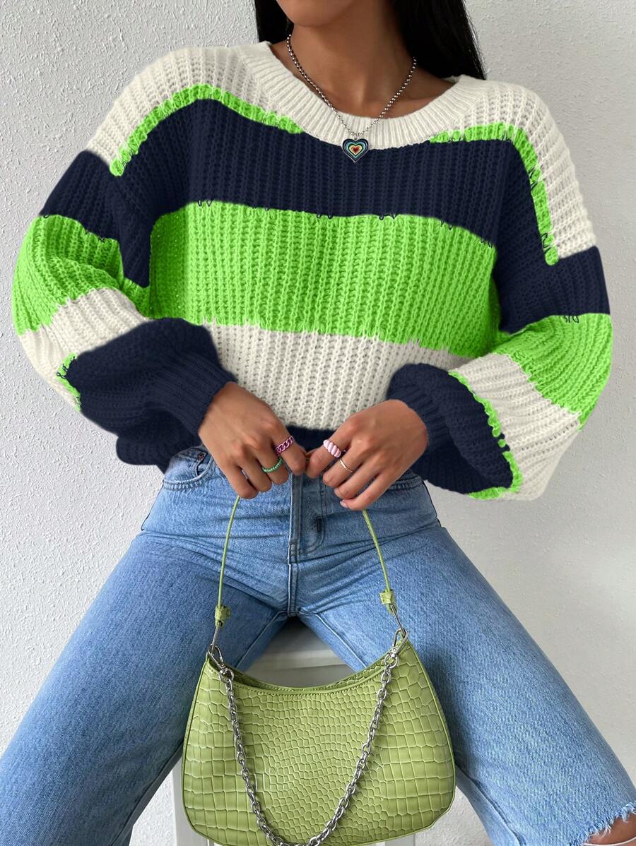 Chiquease pull décontracté simple à manches longues et col rond rayé pour femme