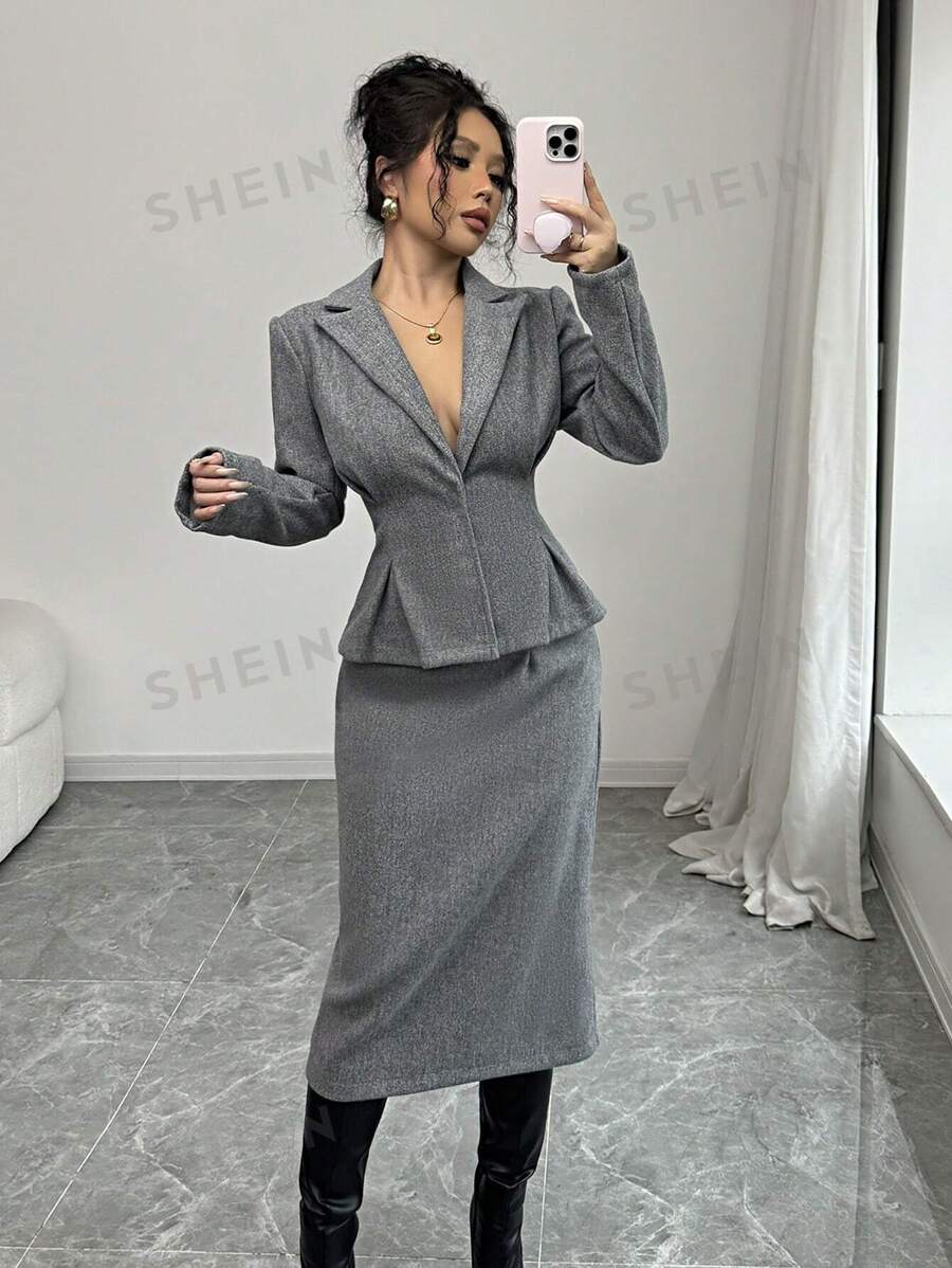 SHEIN PETITE Set de 2 piezas para mujer con diseño de pliegues y estampado de flores, top y falda de línea A, para otoño/invierno