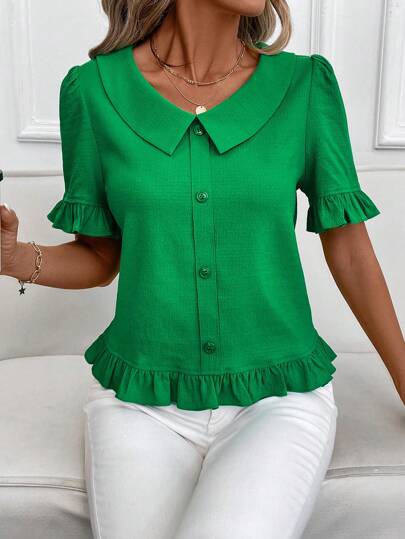 SHEIN Clasi Women Solid Color Front Button Short Sleeve Casual Top, Everyday Wear,Going Out Tops,Summer Outfits For Women