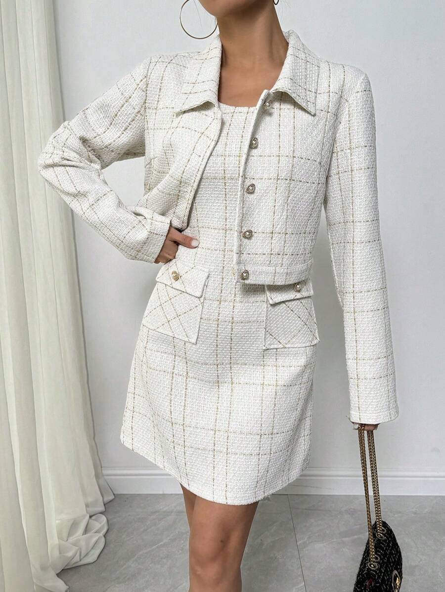 Calvaya 2 stuks/set elegante geruite print jas en mouwloze jurk outfit, herfst