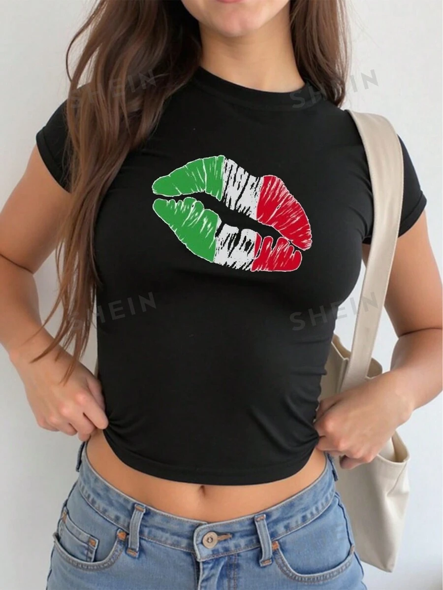 INAWLY Camiseta de mujer de ajuste ceñido, de cuello redondo y manga corta con estampado de labios en los colores de la bandera mexicana