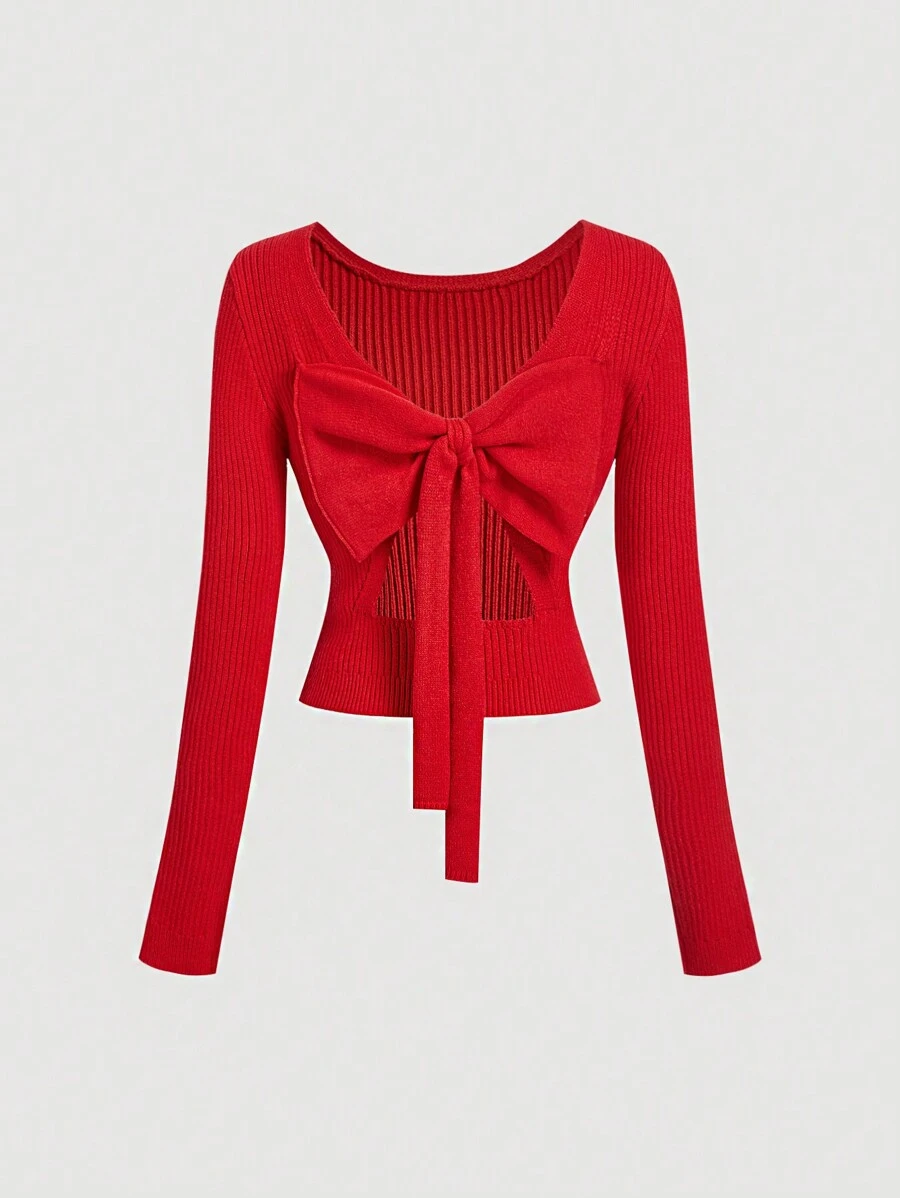 SHEIN MOD Elegant Red Bow Knitted Sweater For Women New Years Women Outfit Valentine's Day