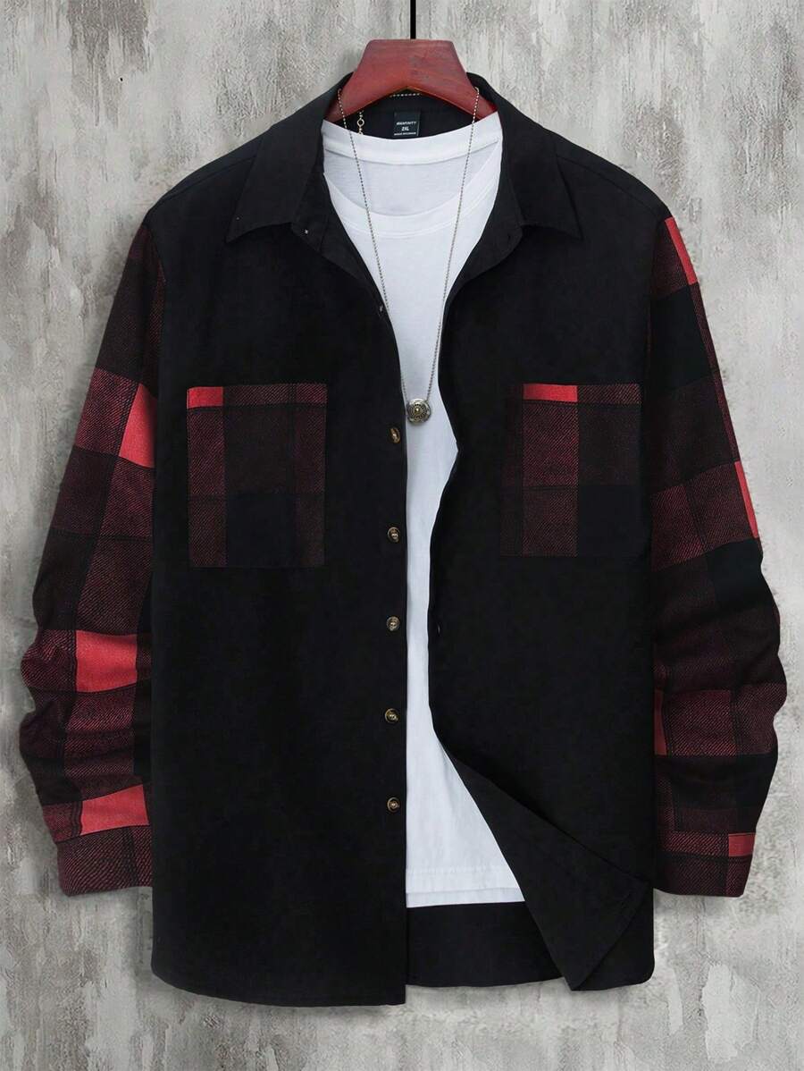 Manfinity Homme Camisa de manga larga a cuadros de patchwork informal para hombre de talla grande