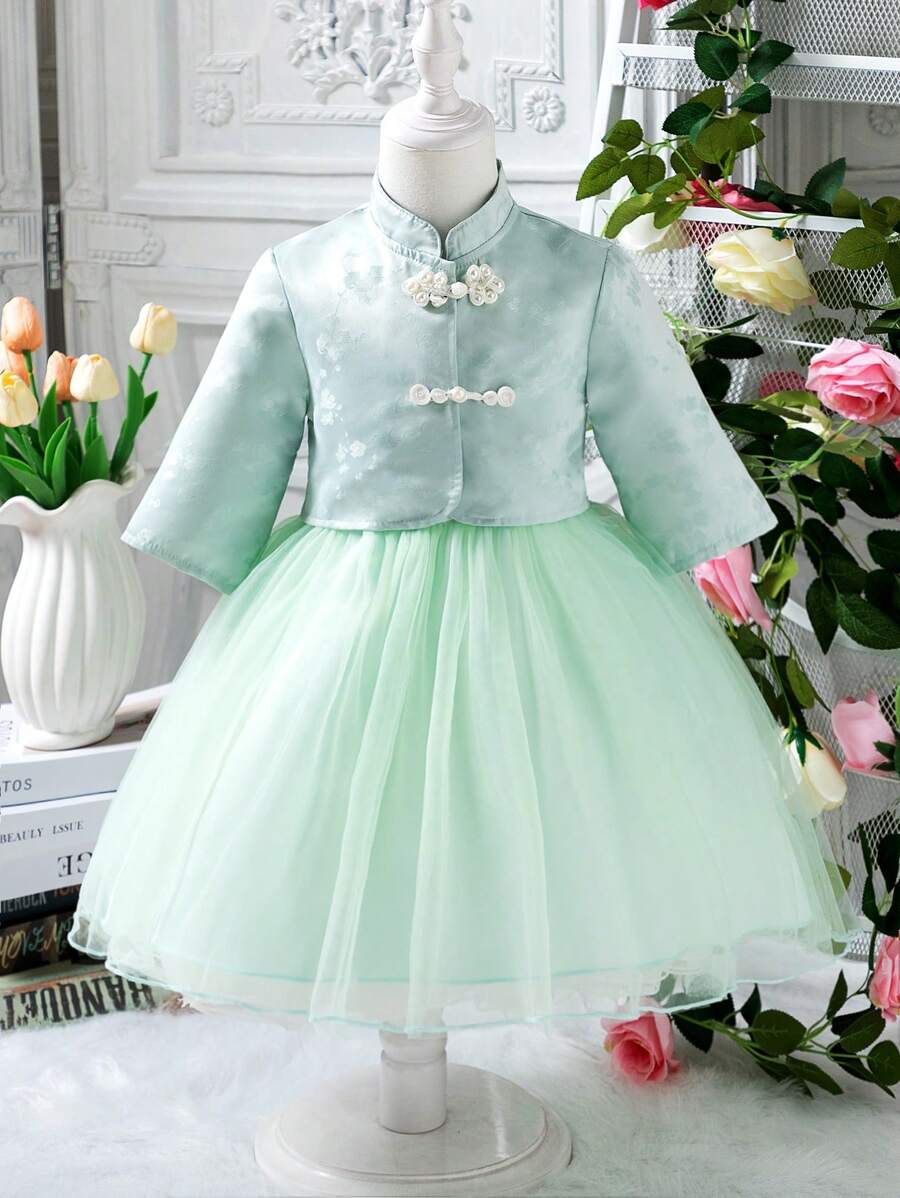 SHEIN 2pcs/Set Girls Vintage Chinese Style Half Sleeve Woven Jacquard Jacket + Light Mesh Overlay Dress, Retro-Modern Princess Style Outfit For Spring/Autumn