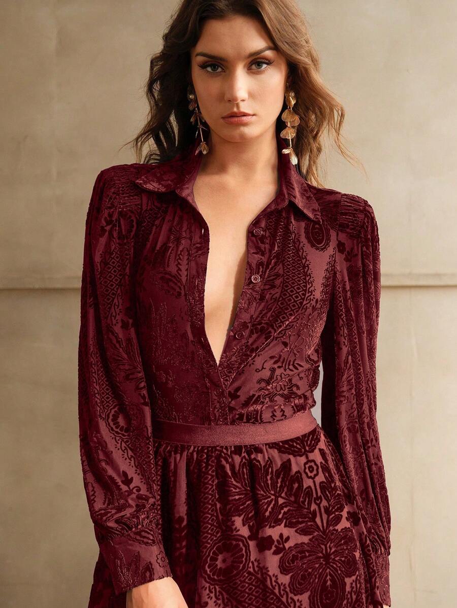 Anewsta Turndown Collar Long Sleeve Velvet Print Elegant Blouse