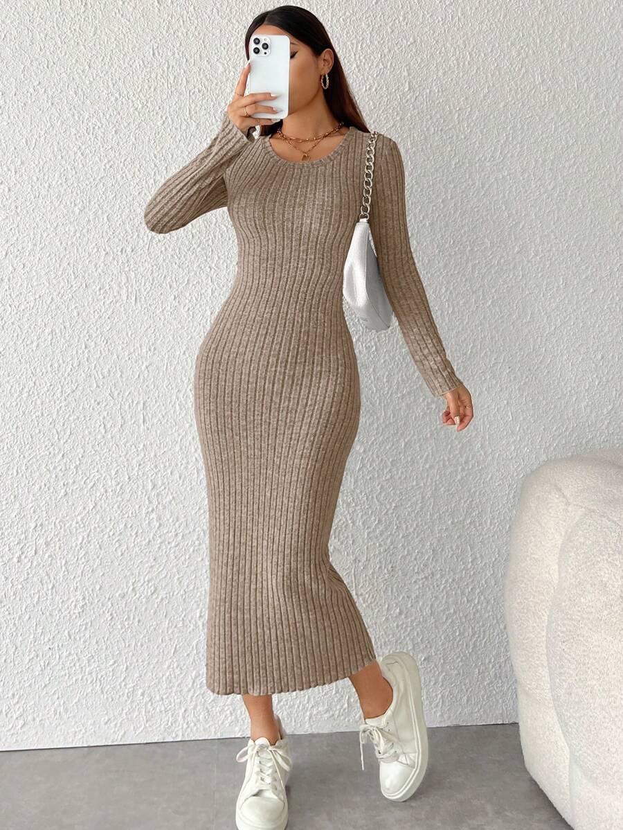 SHEIN PETITE Robe moulante à manches longues pour l'automne, col rond côtelé, couleur unie pour femme