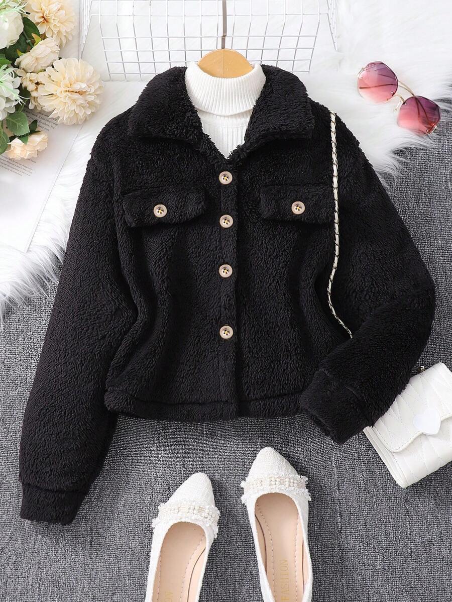 Tween-Mädchen 1 Stück Flauschige Jacke mit einfarbigem Langarmkragen